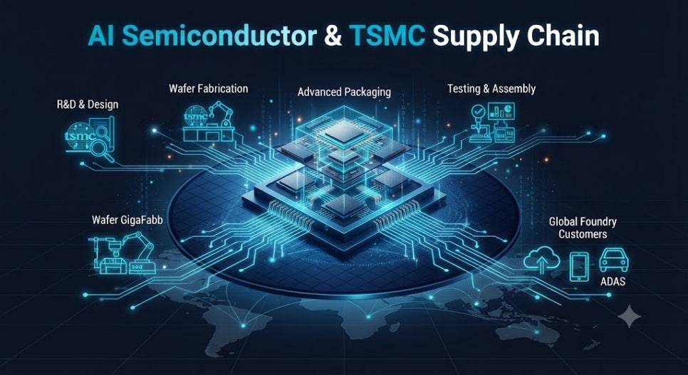 TSMC 공급망 뒷단 후공정 및 AI 반도체 대장주 수혜주 분석 인포그래픽