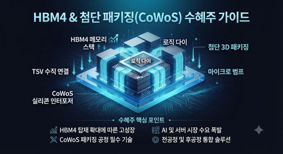 HBM4와 첨단 패키징(CoWoS) 기술 변화 및 수혜주 가이드 인포그래픽