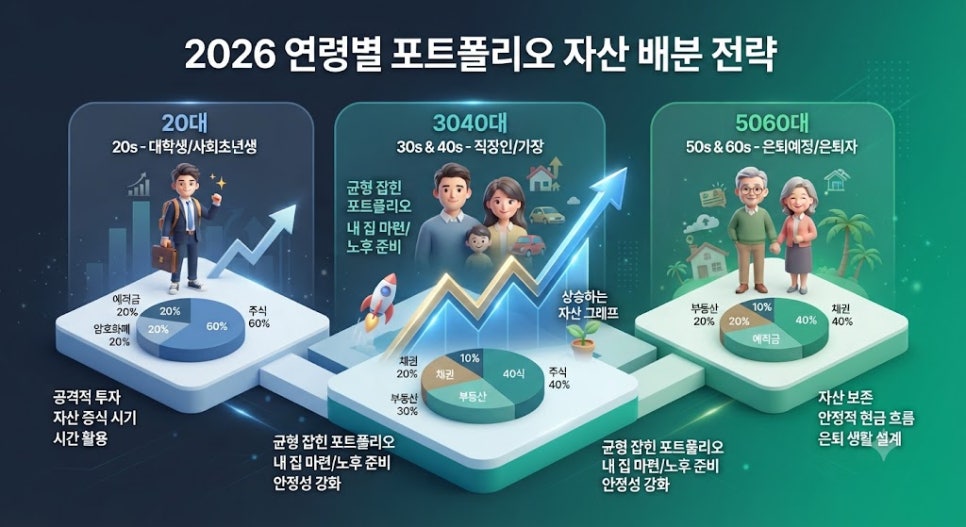 2026년 주식 투자 초보를 위한 연령별 포트폴리오 자산 배분 전략 1 2026년 주식 투자 초보를 위한 연령별 포트폴리오 자산 배분 전략 인포그래픽