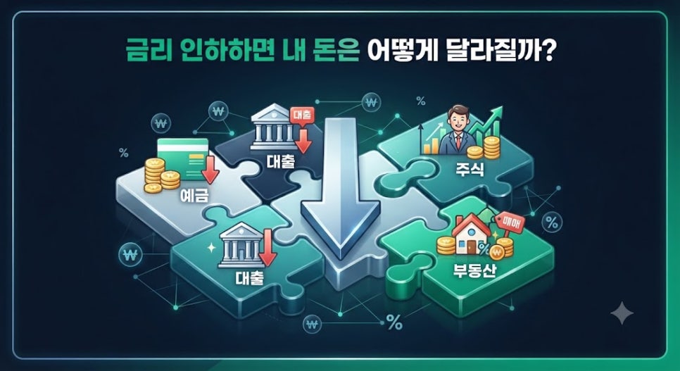금리 인하 영향 완벽 분석|내 예금·대출·주식·부동산은 어떻게 달라질까? 1 금리 인하 영향 및 자산 시장 변화 총정리 인포그래픽